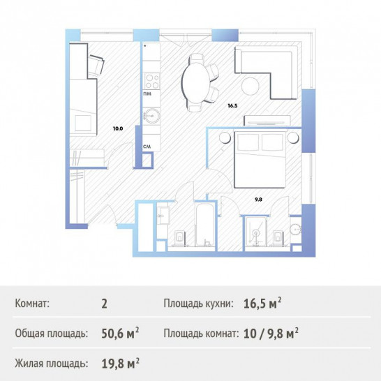 Двухкомнатная квартира 51.5 м²