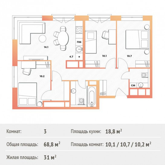 Трёхкомнатная квартира 71.1 м²