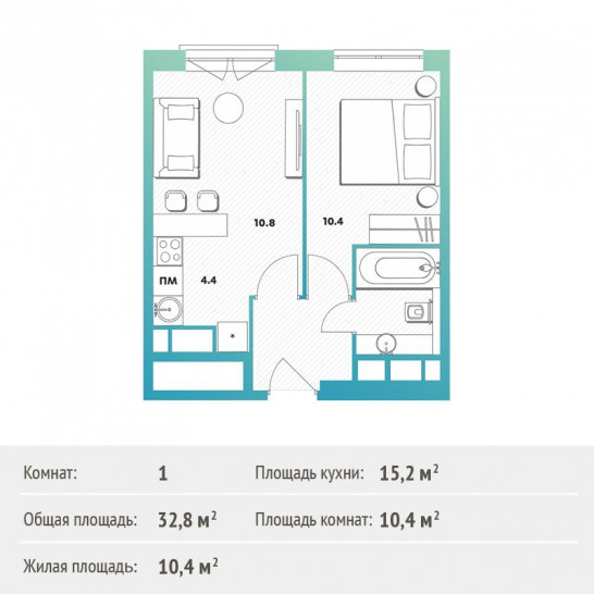 Однокомнатная квартира 33.2 м²