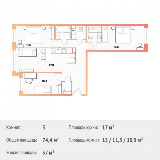 Трёхкомнатная квартира 74.3 м²