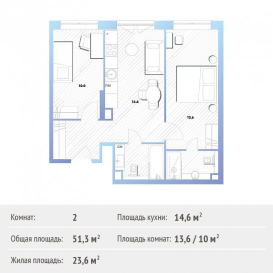 Двухкомнатная квартира 50.3 м²