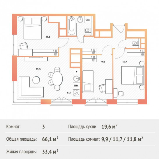Трёхкомнатная квартира 67.3 м²