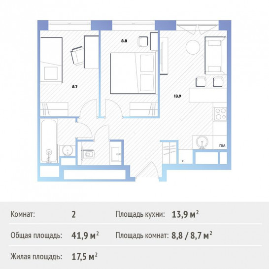 Двухкомнатная квартира 42 м²