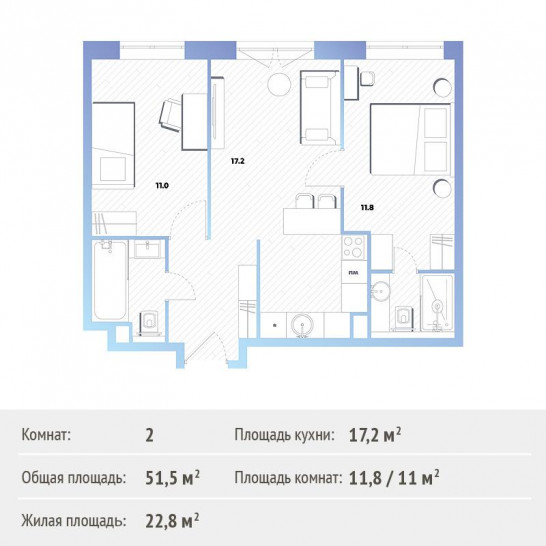 Двухкомнатная квартира 50.3 м²
