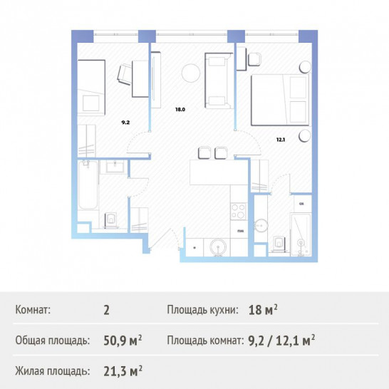 Двухкомнатная квартира 50.2 м²