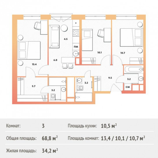 Трёхкомнатная квартира 68.8 м²