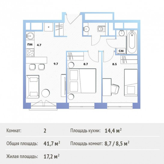 Двухкомнатная квартира 41.4 м²